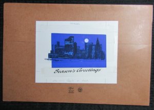 SEAONS GREETINGS City Landscape w/ Moon 10x8 Greeting Card Art #X2297