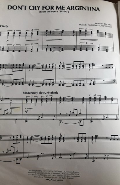 Evita” Don’t cry for me Argentina” Sheet music 1985