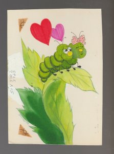 VALENTINES DAY Cartoon Caterpillars with Hearts 4.5x7 Greeting Card Art #V3725