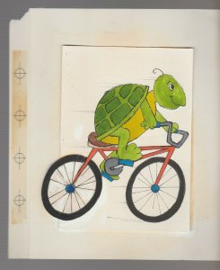 PUSHING FIFTY? Cartoon Turtle on Bicycle 7x8 Greeting Card Art #B8535