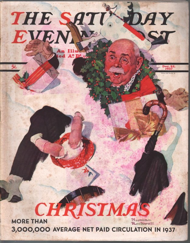 Saturday Evening Post  12/25/1937-Rockwell Christmas-cover-complete magazine-VG