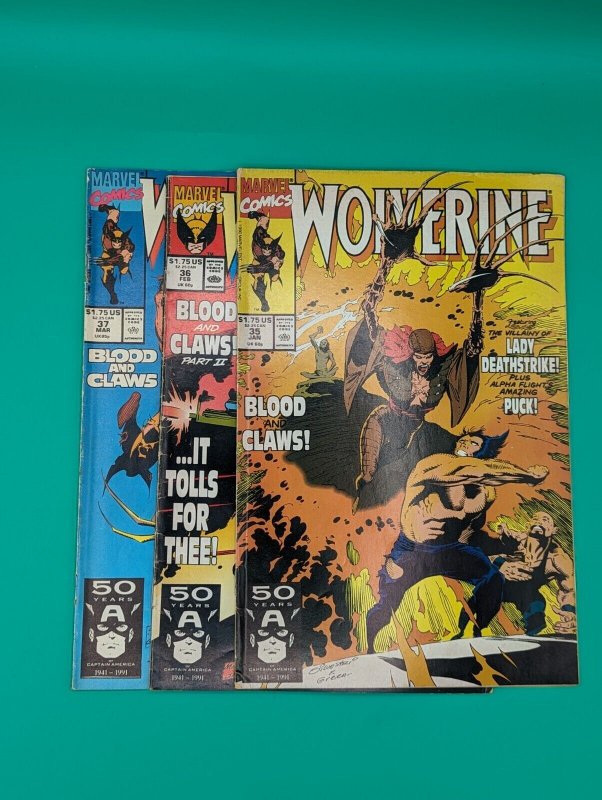 Wolverine Lot (3 Comics) 1991 #35 36 37 F/VF Marvel Blood & Claws: Parts 1 2 3