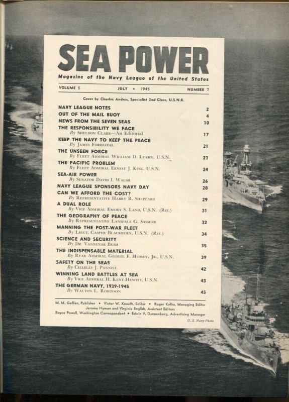 Sea Power 7/1945-Charles Andres cover-WWII pix & info-violent action-original...