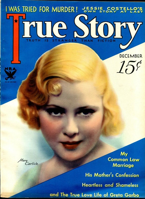 True Story 12/1933-MacFadden-Mary Carlisle MGM Star-Greta Garbo-pulp thrills-VF