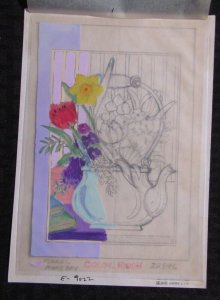 EASTER Pencil Teapot w/ Flowers & Color Rough 6x8.5 Greeting Card Art #E9022