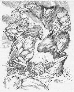Conan esqe Warrior vs Demon art by Joey Celerio