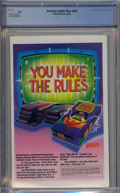 AMAZING SPIDER-MAN #362 CGC 9.6 CARNAGE VENOM WHITE PAGES  