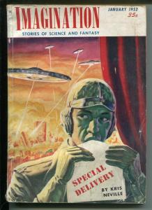 Imagination1/1952-Greenleaf-sci-fi pulp-John Jakes-flying saucer-Neville-G/VG