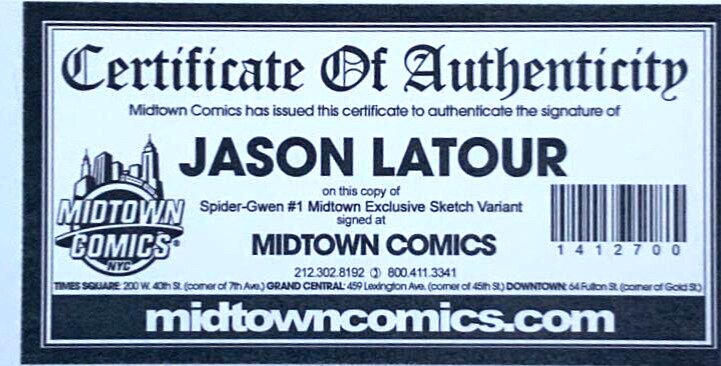 SPIDER-GWEN #1 J.SCOTT CAMPBELL MIDTOWNCOMICS  SKETCH COLOR SET SIGNED W/COA.