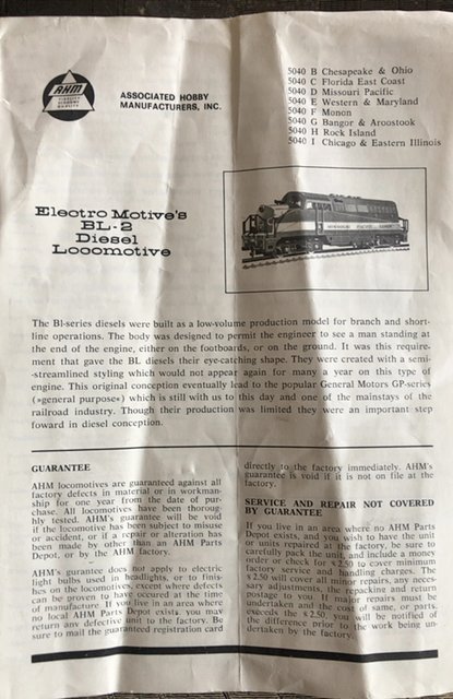 AHM electro Motive’s BL-2 Diesel Locomotive 1950-1960 info sheet