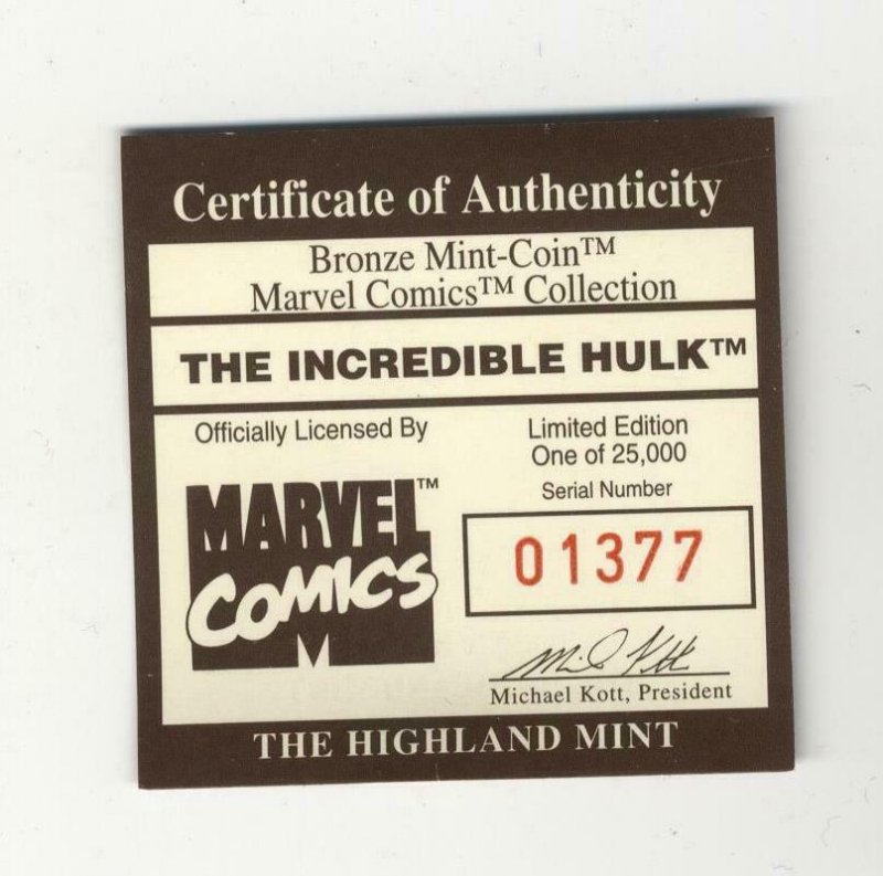 Highland Mint Marvel Medallion - Hulk - Limited Pure .999 Bronze - COA - 25,000