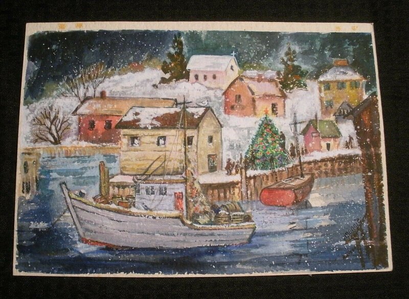 MERRY CHRISTMAS Painted Dock Town w/ Fishing Boats 12.5x9 Greeting Card Art #H2