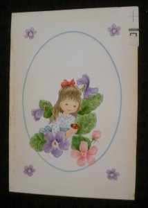 THINKING OF YOU Cute Girl w/ Ladybug & Flowers 5x7 Greeting Card Art #M9472