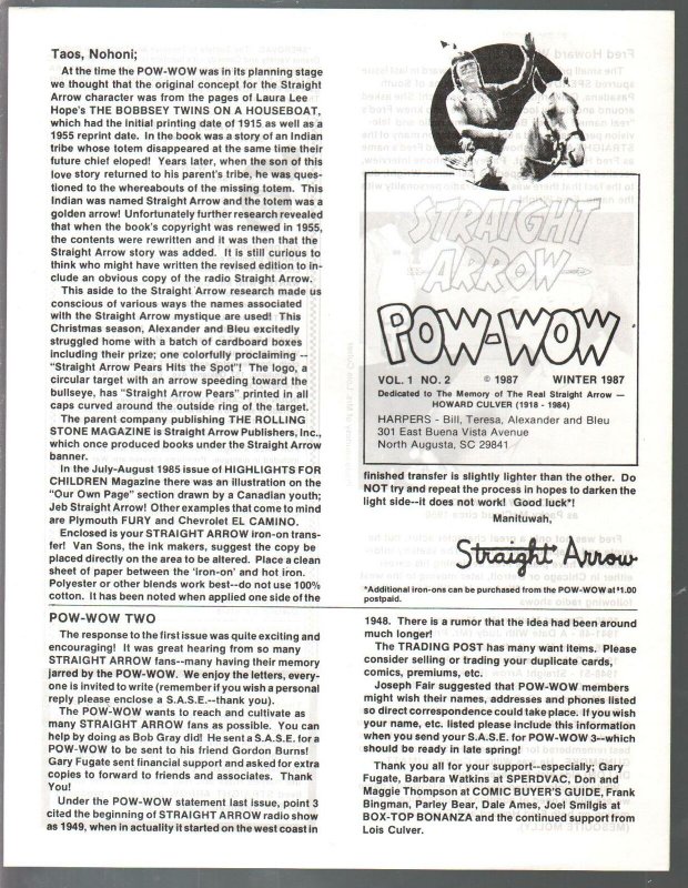 Straight Arrow Pow-Wow Fan Club Newsletters #1 1986-cover pages-secret cave r...