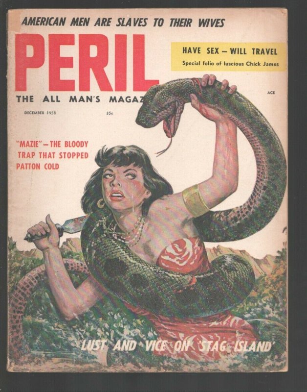 Peril 12/1958-Jeflin-Spicy native girt fights python-cover-cheesecake pix-Pat...