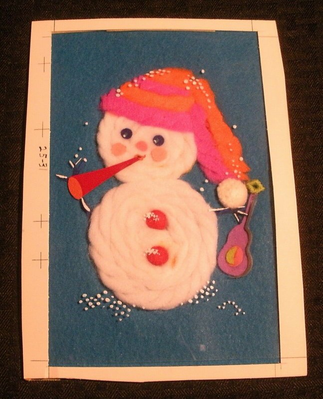 CHRISTMAS Cute Fabric Snowman w/ Guitar Trumpet 6x8.5 Greeting Card Art #25-31