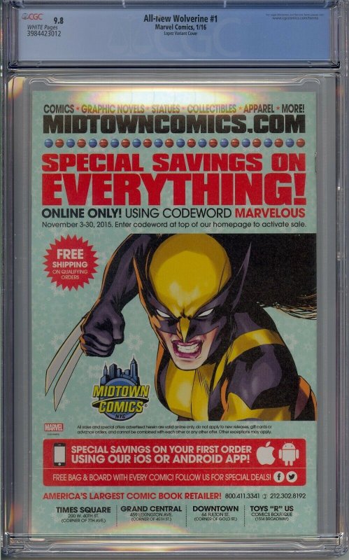 ALL-NEW WOLVERINE #1 CGC 9.8 DAVID LOPEZ VARIANT 1ST LAURA KINNEY AS WOLVERINE 