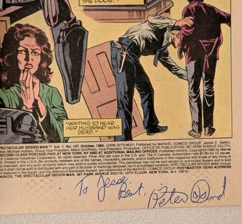 Spectacular Spider-Man #107 VF+ 1st App Sin-Eater Interior Signed By Peter David