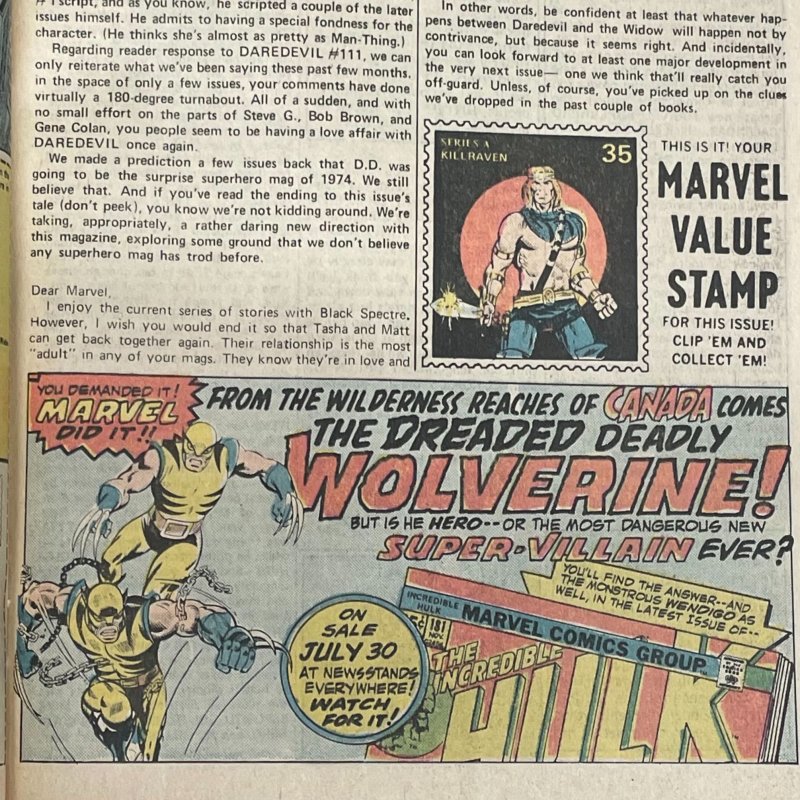 Daredevil #115 (1974) Ad for Incredible Hulk #181 featuring Wolverine!