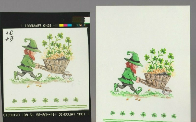 LEPRECHAUN Wheelbarrow + Color Sep 5x7 #7805 St Patrick's Day Greeting Card Art