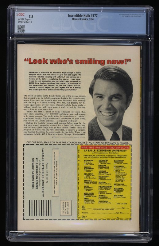 Incredible Hulk #177 CGC VF- 7.5 1st Death Adam Warlock! Black Bolt!