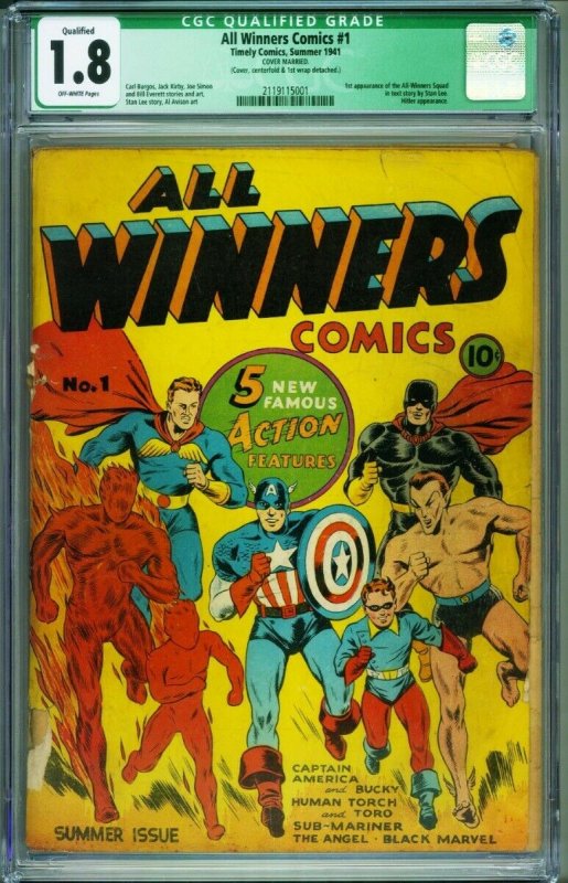 All Winners #1 CGC 1.8 Q 1941- CAPTAIN AMERICA- Human Torch- 2119115001