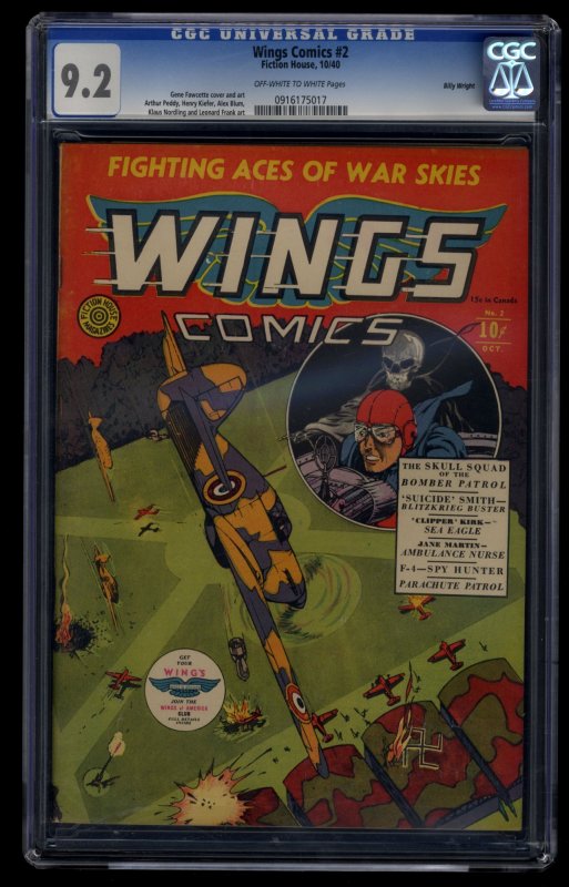 Wings comics (1940) #2 CGC NM- 9.2 Off White to White Highest Graded Copy!
