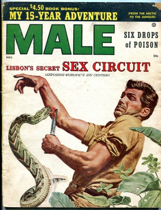 Male Magazine November 1955-SNAKE ATTACK COVER-RUTH HAMPTON-MURDER 