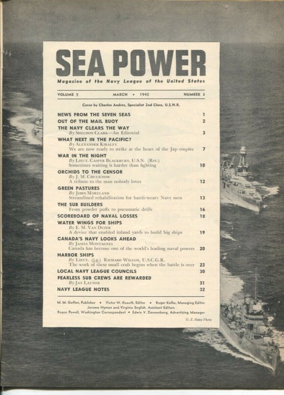 Sea Power 3/1945-Charles Andres-cover art-WWII pix & info-violent action-VG