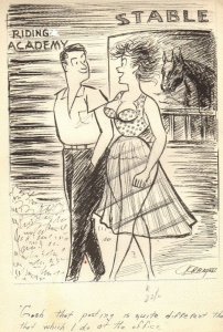 Babe at Horse Stable - Just Had Fun - 1956 Humorama art by Al Cramer