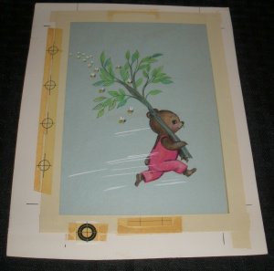 VALENTINES Cute Bear Cub Being Chased by Bees 7x9 Greeting Card Art #1154