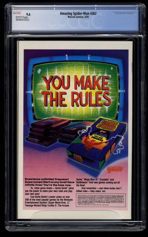 Amazing Spider-Man #362 CGC NM+ 9.6 White Pages 2nd Carnage!
