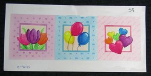 HAPPY BIRTHDAY 3-Panels Flowers Balloons & Hearts 11x5.5 Greeting Card Art #9096