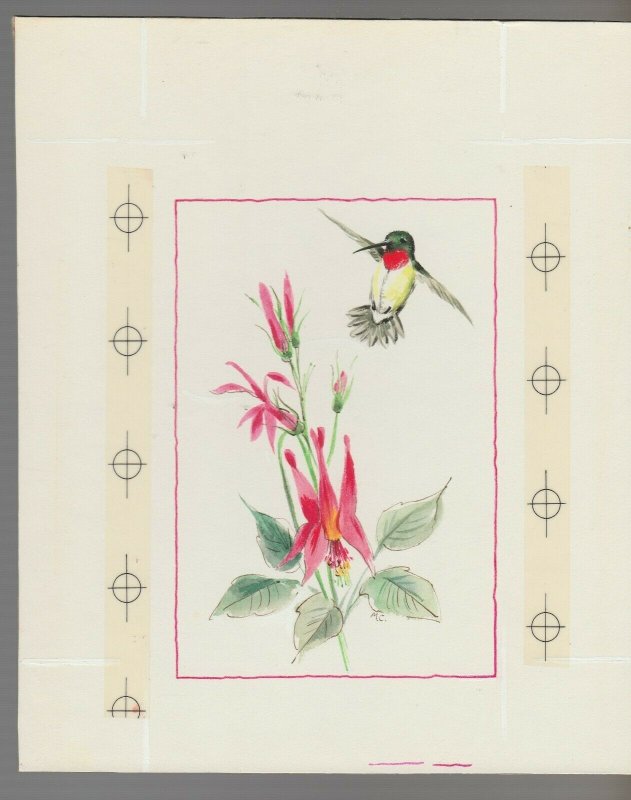 THANK YOU NOTE Hummingbird w/ Red Flower 7x8.5 Greeting Card Art #2009