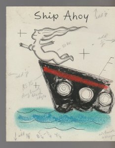 SHIP AHOY and Bon Voyage Girl on Ships Bow 4.5x5.5 Greeting Card Art #BV4257