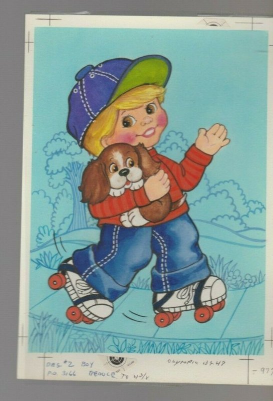 BOY ROLLERSKATING w/ Dog 5.5x8 #3166 Greeting Card Original Art