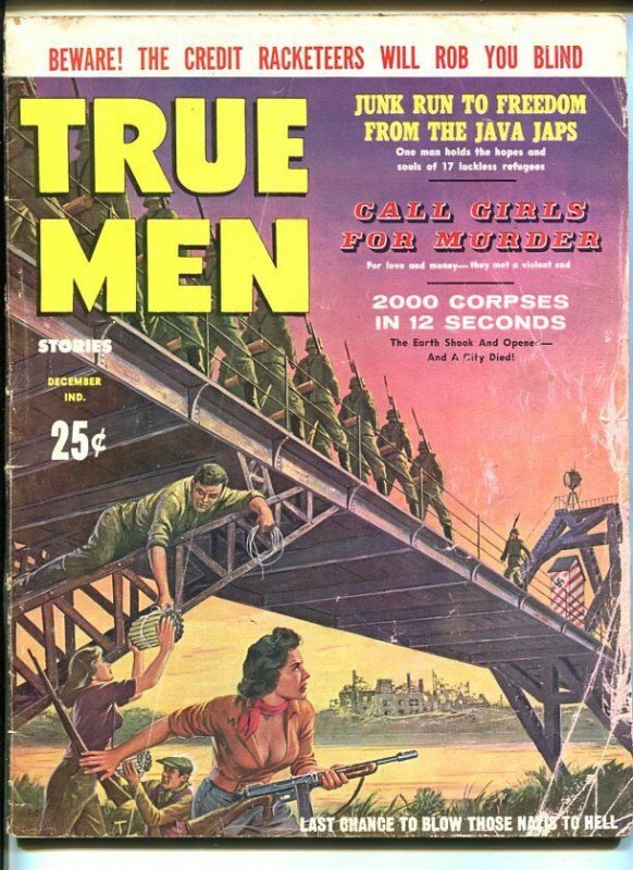 TRUE MEN-DEC 1960-NAZI-BRIDGE EXPLOSION-SPICY GOOD GIRL ART-CHEESECAKE-fr/g