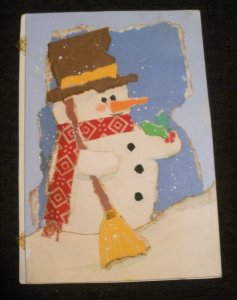 MERRY CHRISTMAS Cut paper Snowman w/ Broom & Birds 5x7 Greeting Card Art #3004