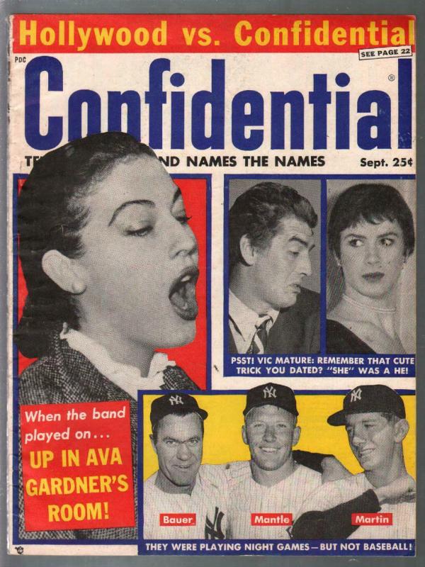 Confidential 9/1957-Mickey Mantle-Ava Gardner-drug peddlers-VG