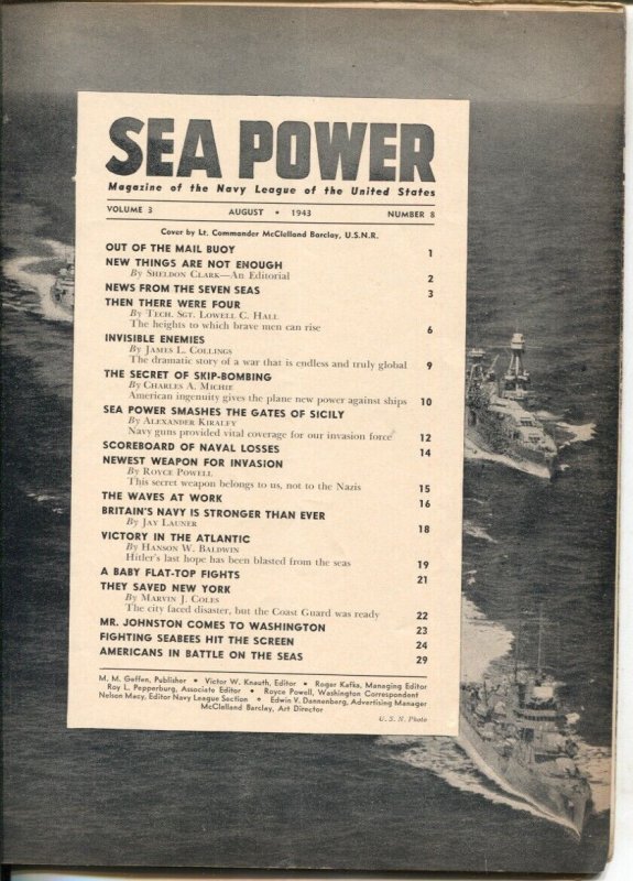 Sea Power 8/1943-McClelland Barclay cover art-war pix &info-rare-G/VG