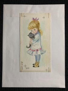 BIRTHDAY Cute Girl in White Dress w/ Kitten 4.5x8.5 Greeting Card Art 9519