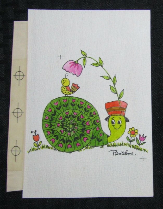 A FRIENDLY HELLO Cartoon Snail w/ Flower & Bird 4.5x7 Greeting Card Art #M1478