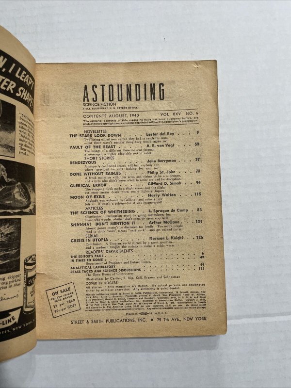 Astounding Science Fiction Pulp August 1940 Volume 25 #6 Good 2.0