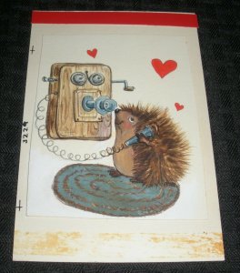 VALENTINES Cute Porcupine on Old Telephone 4x6 Greeting Card Art #3229
