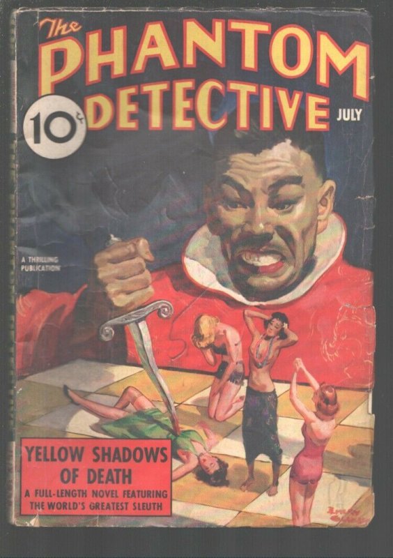 Phantom Detective 7/1938-Oriental villain stabs spicy woman with dagger cover... 