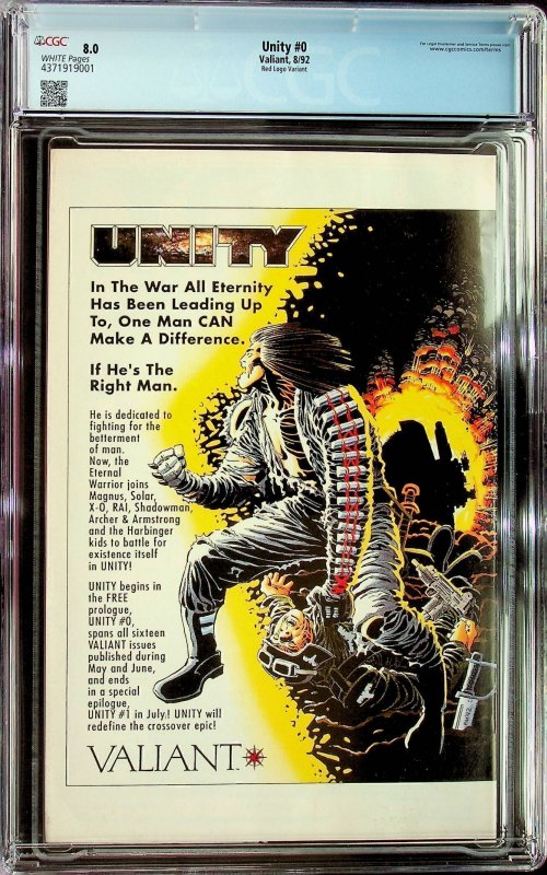 Unity #0 Red Incentive Edition (1992) - CGC 8.0 - Cert#4371919001