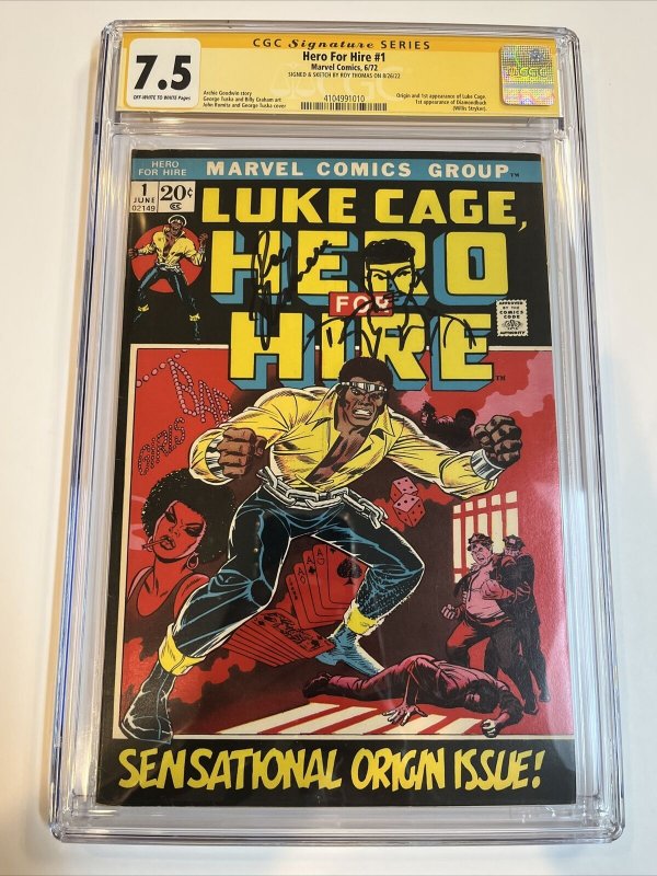 Hero For Hire (1972) # 1 (CGC 7.5 SS OWWP) Signed Sketch (Luke Cage) Roy Thomas