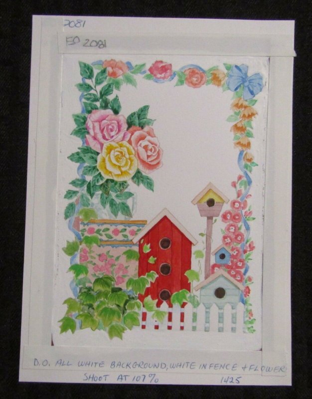 MOTHERS DAY Bird Houses with Fence & Roses 6x8 Greeting Card Art #1425