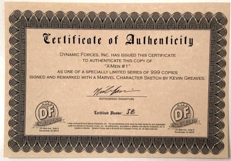 X-MEN #1 2010 Signed & Remarked by KEVIN GREAVES 38/999 Dynamic Forces COA