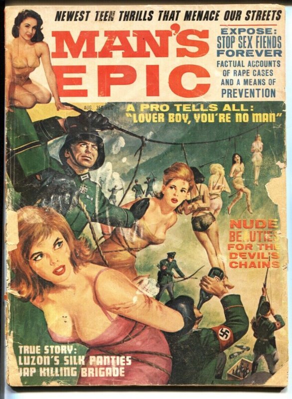 Man's Epic Aug 1965-Drunken Nazi torture cover- cheesecake 